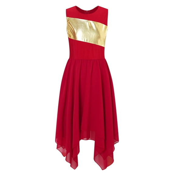 inhzoy Kids Girls Sleeveless Liturgical Praise Dance Dress Metallic Tank Dress Worship Dancewear Red 16