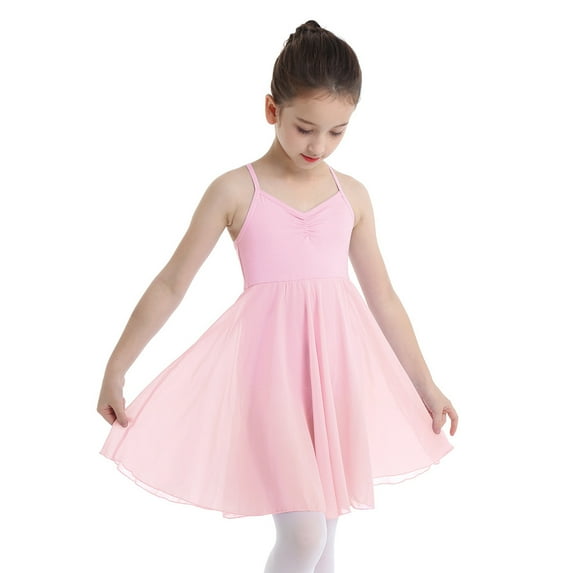 inhzoy Kids Girls Spaghetti Straps Criss Cross Back Chiffon Dance Leotard Dress