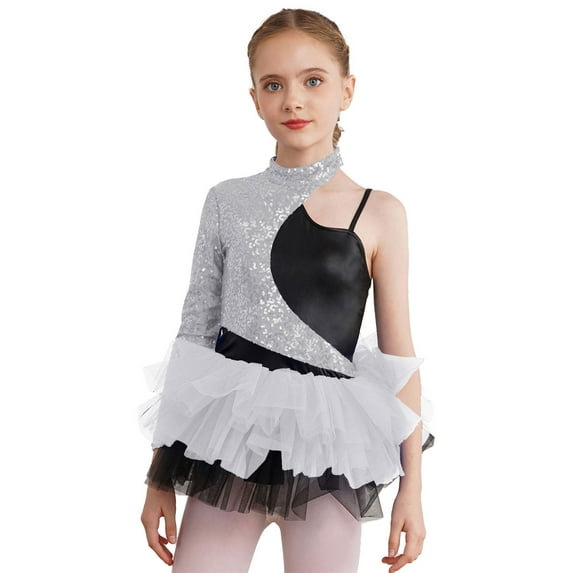 inhzoy Kids Girls Sparkly Gymnastics Leotard Ballet Tutu Dress Hip Hop Jazz Dancewear Silver 8