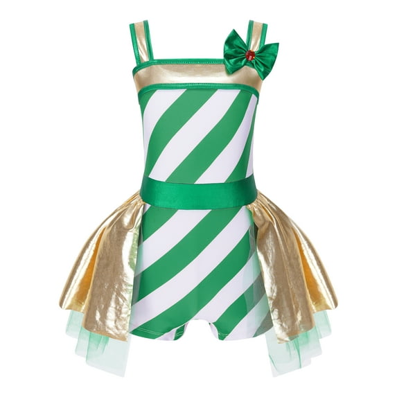 inhzoy Kids Girls Striped Candy Cane Christmas Dress-Up Ballet Gymnastic Dance Leotard Jumpsuit Green 14