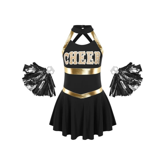 inhzoy Kids Girls Teens Cheerleading Uniforms Cheer Dance Dress with Pompom,Sizes 6-16 Black 12