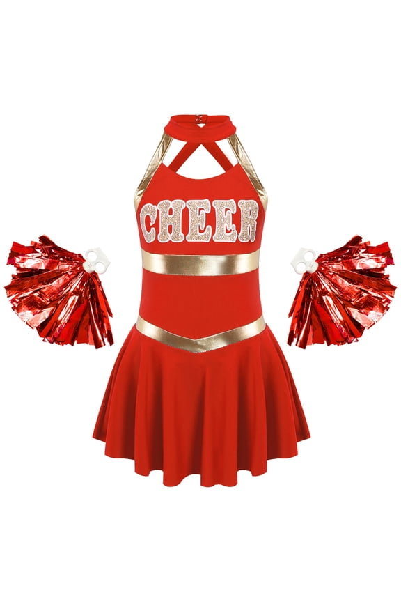 Kids Girls Teens Cheerleading Uniforms Cheer Dance Dress with Pompom,Sizes 6-16 Red 8