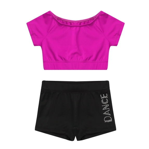 inhzoy Kids Girls Two Piece Athletic Outfit Short Sleeve Top with Booty Shorts Rose Red 3-4
