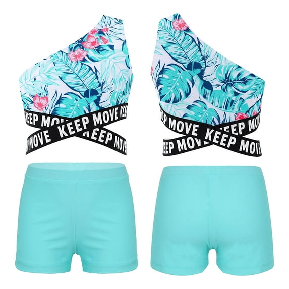 inhzoy Kids Girls Two Piece Swimsuit One Shoulder Tankini Swimwear Bathing Suit Summer Beachwear Leaf 10