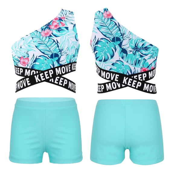 inhzoy Kids Girls Two Piece Swimsuit One Shoulder Tankini Swimwear Bathing Suit Summer Beachwear Leaf 8