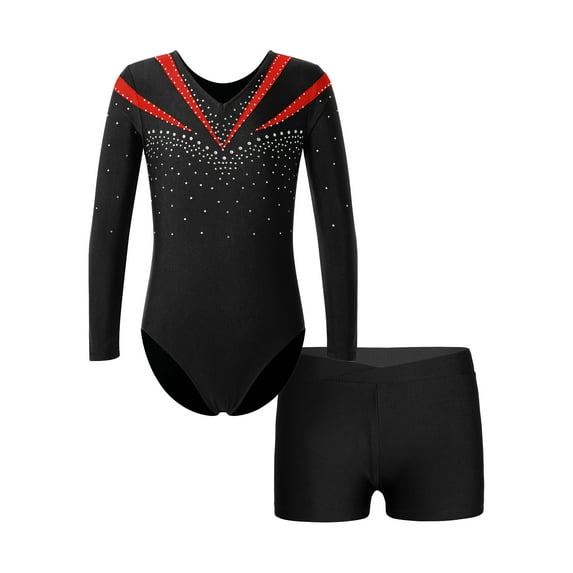inhzoy Kids Girls V-neck Long Sleeve Dance Leotard with Short Set Red 12
