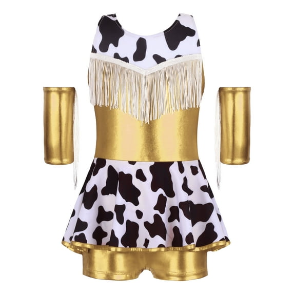 inhzoy Kids Girls Western Cowgirl Outfits Tassel Metallic Gloss Bodysuit with Arm Sleeve for Stage Gold 8