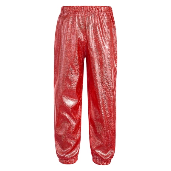 inhzoy Kids Glittery Metallic Hip Hop Dance Pants Jazz Street Dance Trousers Stage Performance Outfit Red 160