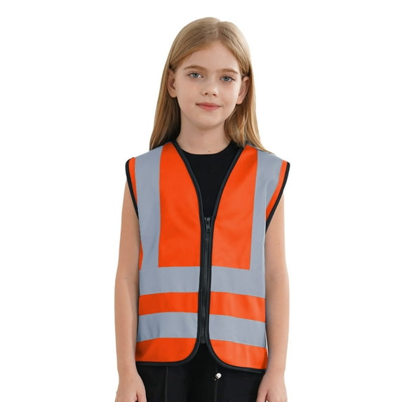 inhzoy Kids High Visibility Safety Vest Zipper Reflective Strips Children Waistcoat A Orange 4-6