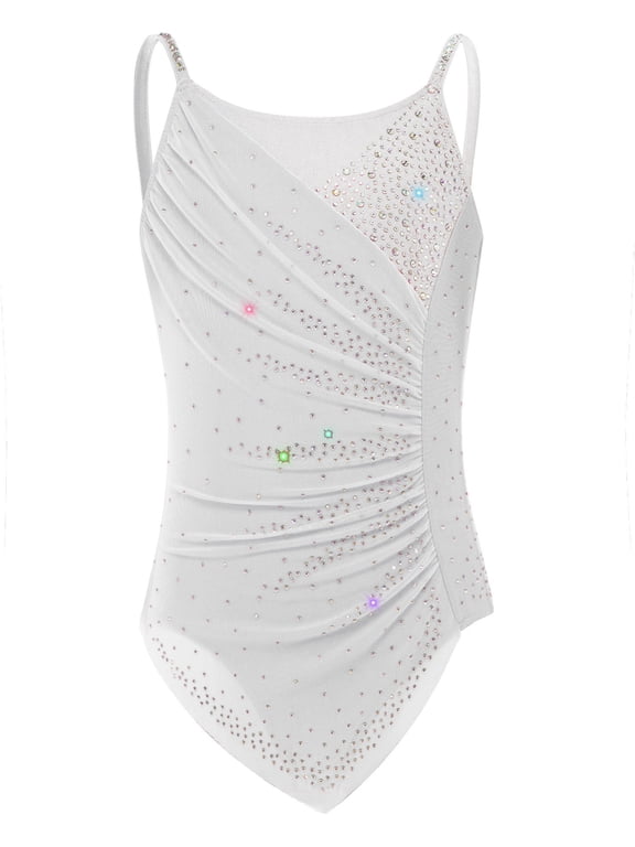 Kids Sparkle Ice Skating Dress Ballet Gymnastics Cha Cha Dance Wear for Performance Competition White 6