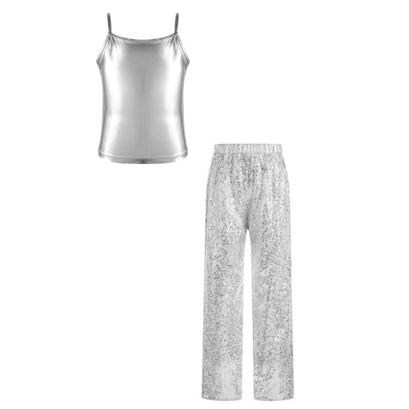 inhzoy Kids Street Dance Outfit 2 Piece Hip Hop Dancing Sets Streetwear Dancewearfor Themed Party Hip-hop Silver 12