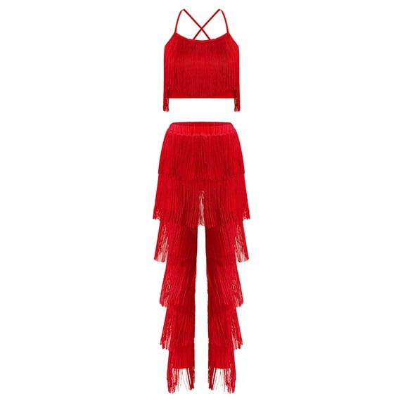 inhzoy Latin Dance Suit for Women Sleeveless Tango Ballroom Dance Tops with Tassel Latin Dance Pants Red S
