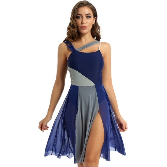 inhzoy Lyrical Women Adults Sleeveless Mesh Color Block Leotard Dress Navy_Blue M