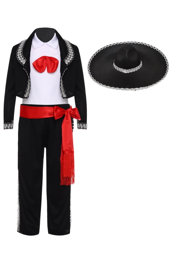 Mariachi Day of the Dead Kids Traditional Mexican Dress Up Set Fiesta Outfits Black 160/3XL