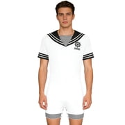 inhzoy Men Cotton Sailor Collar Bodysuit Short Sleeve Print Romper Pajama Nightwear Buttoned Crotch Jumpsuit White XXL