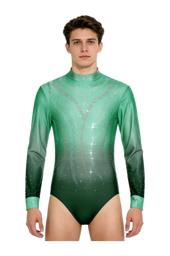 Men Figure Skating Shirt Competition Dress Long Sleeve Gymnastics Dance Leotard Cha-cha Bodysuit Green XL