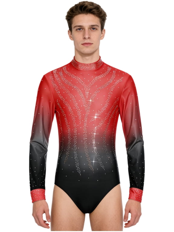 Men Figure Skating Shirt Competition Dress Long Sleeve Gymnastics Dance Leotard Cha-cha Bodysuit Red XL