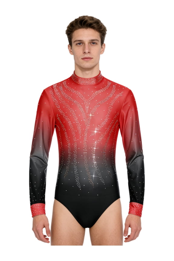 Men Figure Skating Shirt Competition Dress Long Sleeve Gymnastics Dance Leotard Cha-cha Bodysuit Red XXL