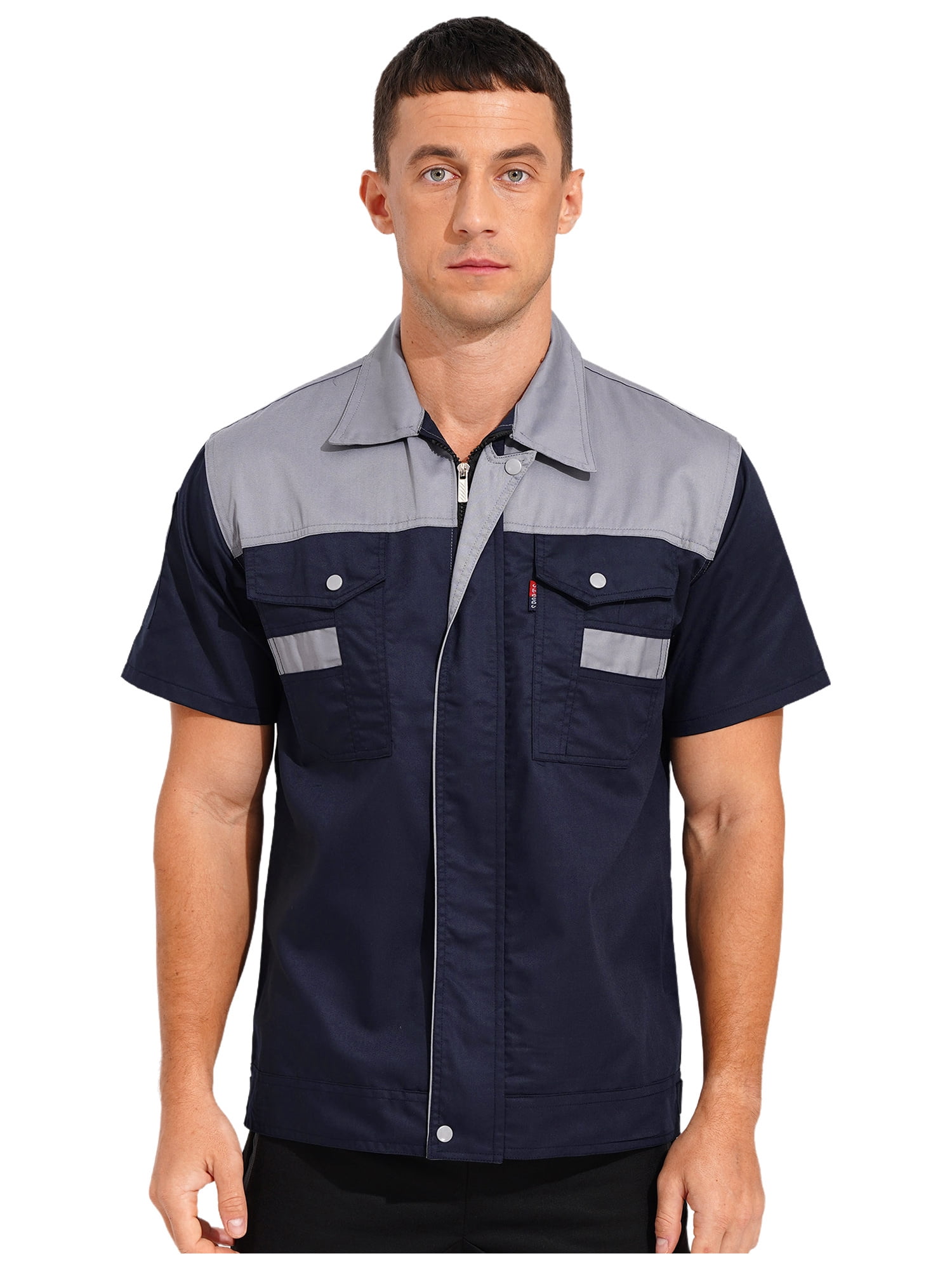 inhzoy Men s Color Block Work Shirt for Auto Mechanic Technician Industrial Short Sleeve Workshop Uniform Navy Blue Grey XL