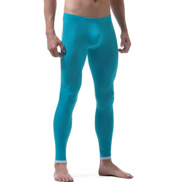 inhzoy Men's Ice Silk Underwear Compression Low Rise Slim Leggings Tight  Pants Long Trousers Blue L 