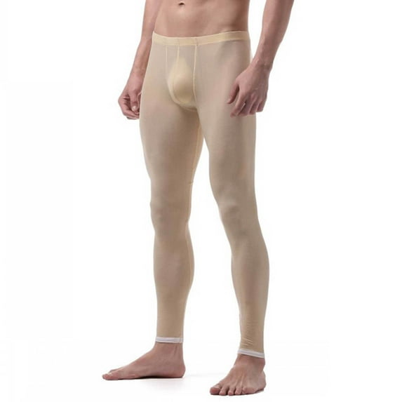 inhzoy Men's Ice Silk Underwear Compression Low Rise Slim Leggings Tight Pants Long Trousers Nude M