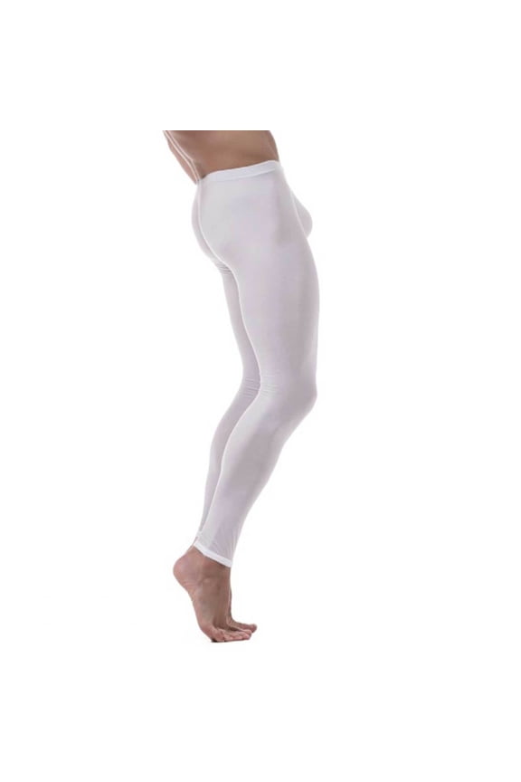 Men's Ice Silk Underwear Compression Low Rise Slim Leggings Tight Pants Long Trousers White M