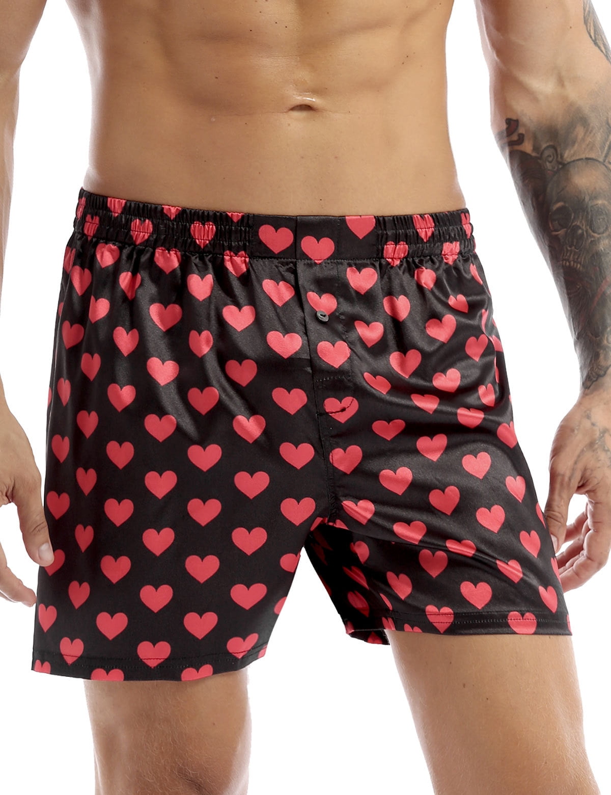 inhzoy Men's Love Heart Lip Print Silk Satin Boxers Shorts Lounge