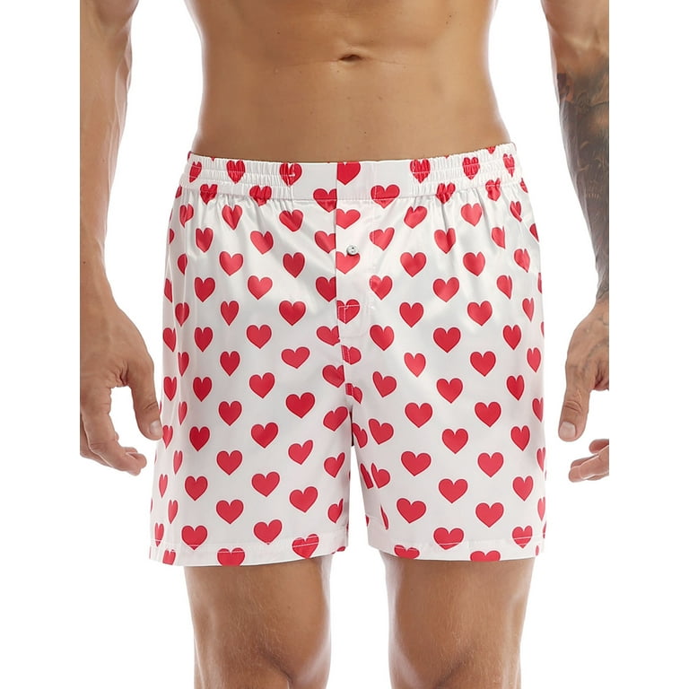 inhzoy Men's Love Heart Lip Print Silk Satin Boxers Shorts Lounge Shorts  Trunks Underwear White Large