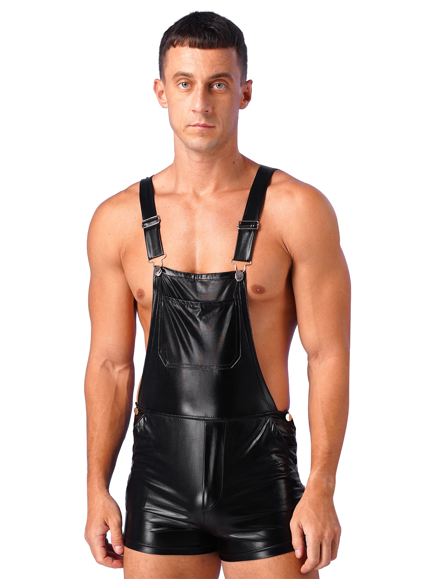 inhzoy Men's Metallic Dungarees Bib Overalls Suspender Shorts Party Club  Rave Outfits Black XL 
