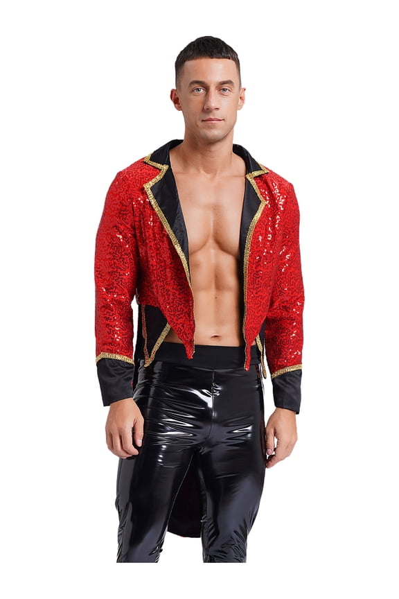 Men's Shiny Sequins Circus Ringmaster Jacket Lion Tamer Long Coat Festival Fancy Dress Up Red XL