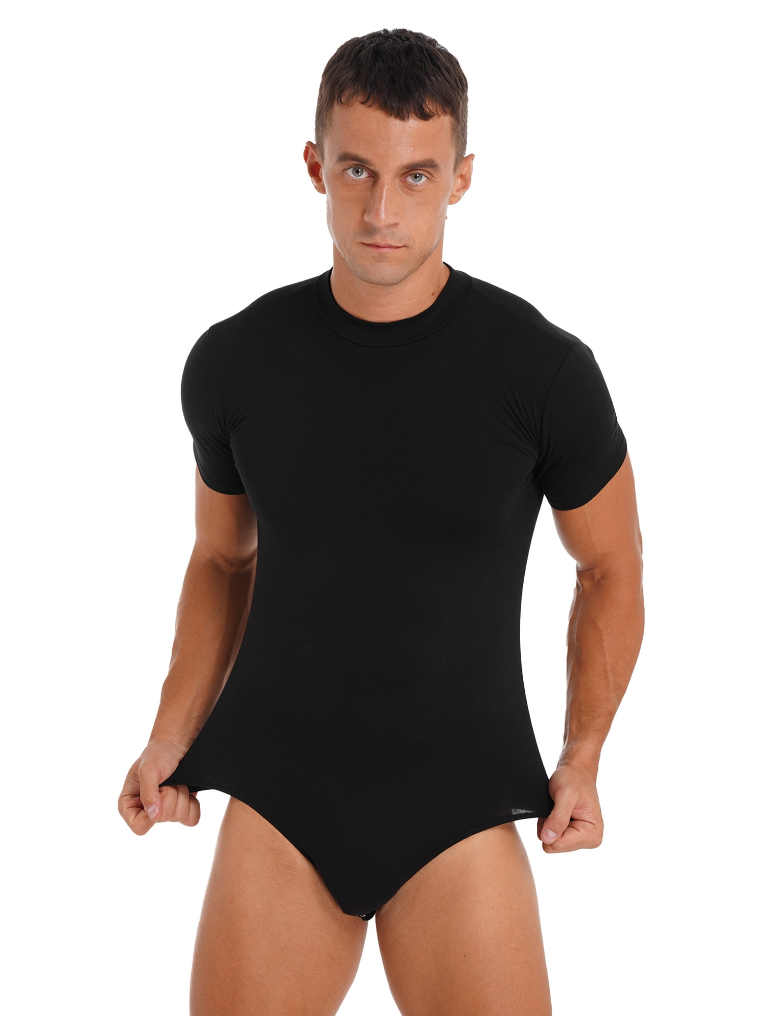 inhzoy Men's Short Sleeve Undershirt One Piece Leotard Top Press Button  Crotch Shirt Bodysuit Slim Fit Romper Black L 