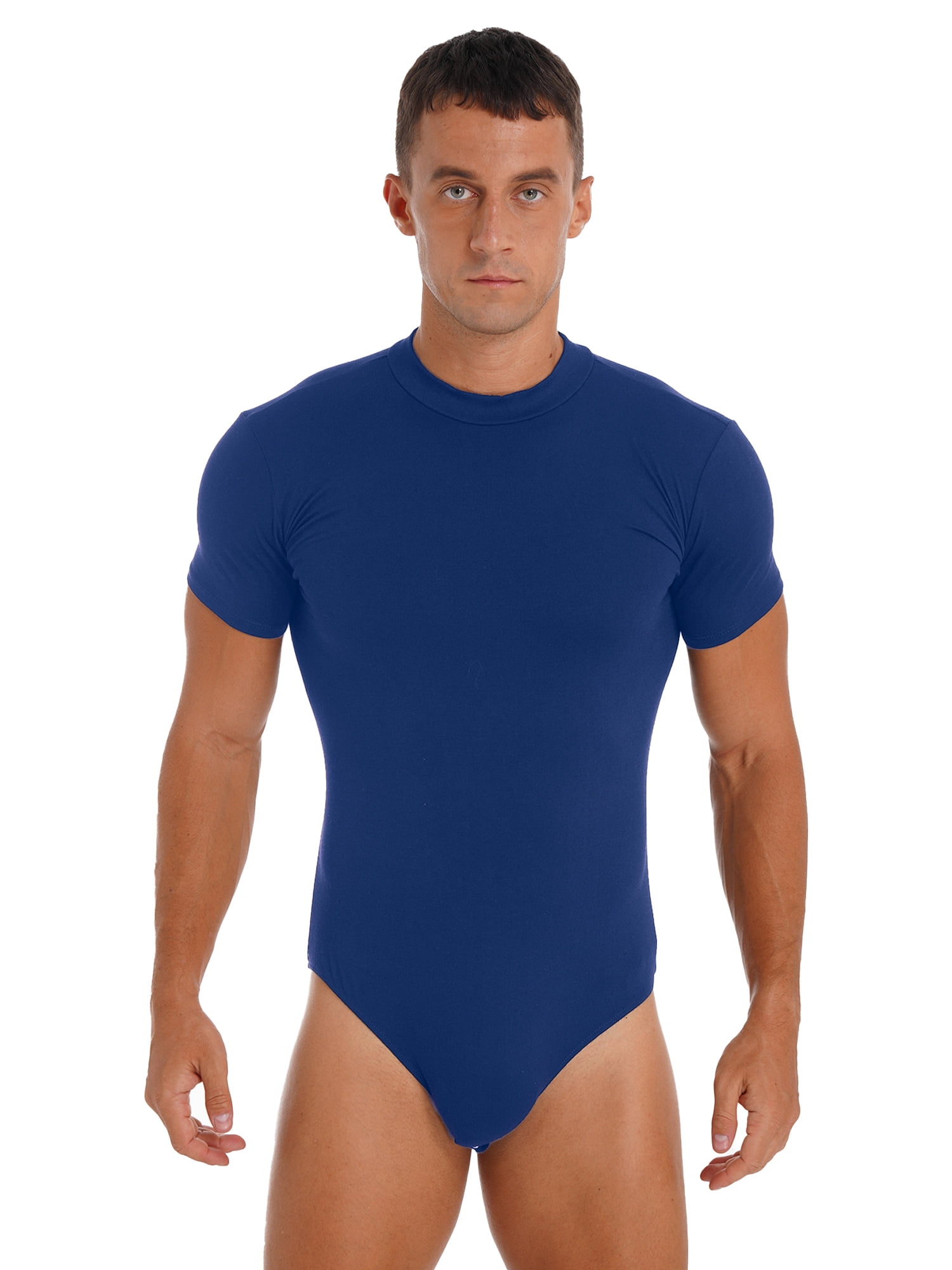 inhzoy Men's Short Sleeve Undershirt One Piece Leotard Top Press Button  Crotch Shirt Bodysuit Slim Fit Romper Blue XXL 