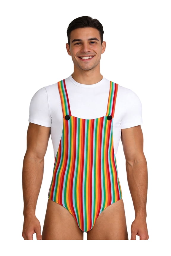 Mens Breathable Overalls Style Romper Pajamas Fake 2 Piece Design for Loungewear Rainbow 3XL