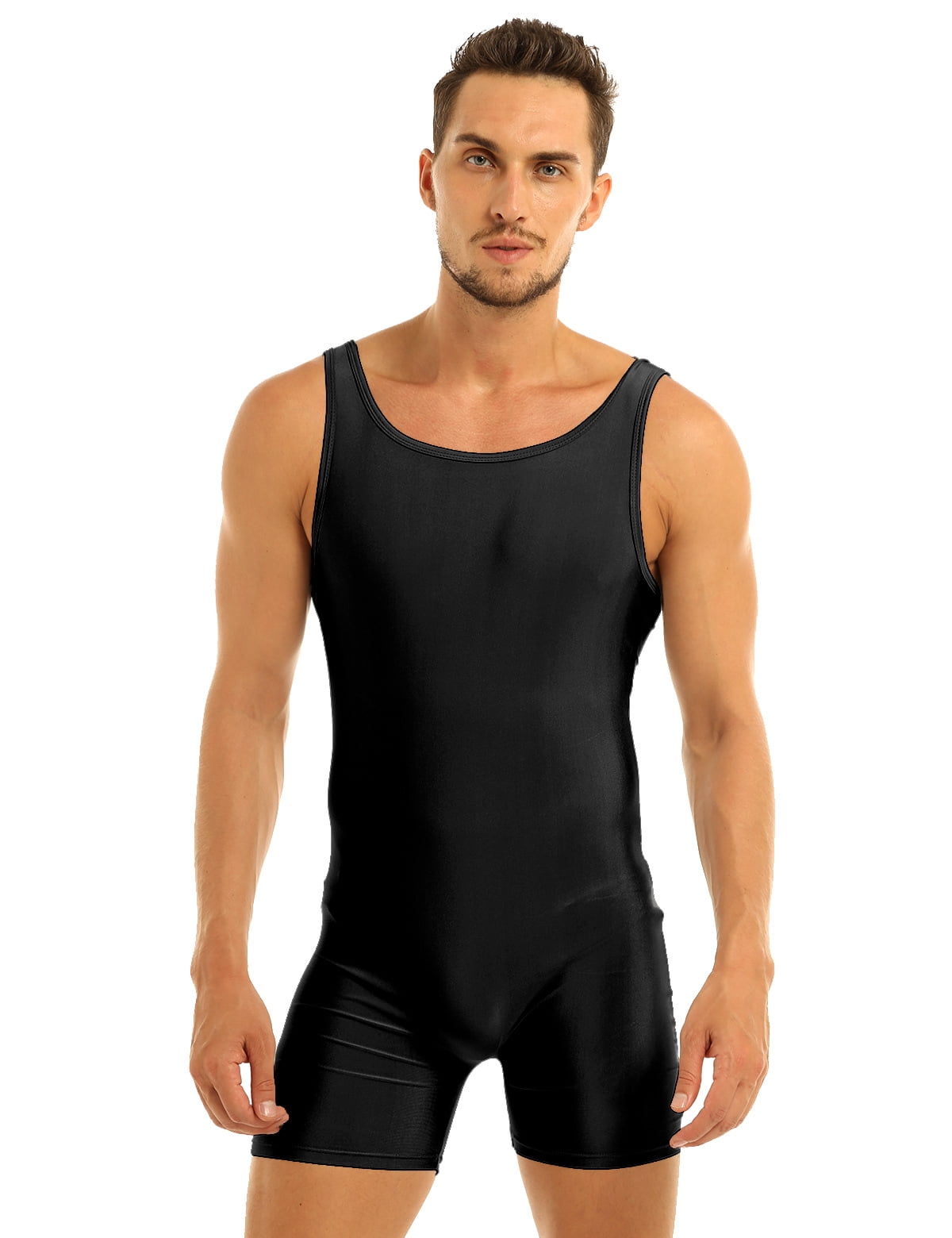 Inhzoy Mens One Piece Stretchy Tank Bodysuit Leotard Wrestling Singlet Unitard Underwear Black L