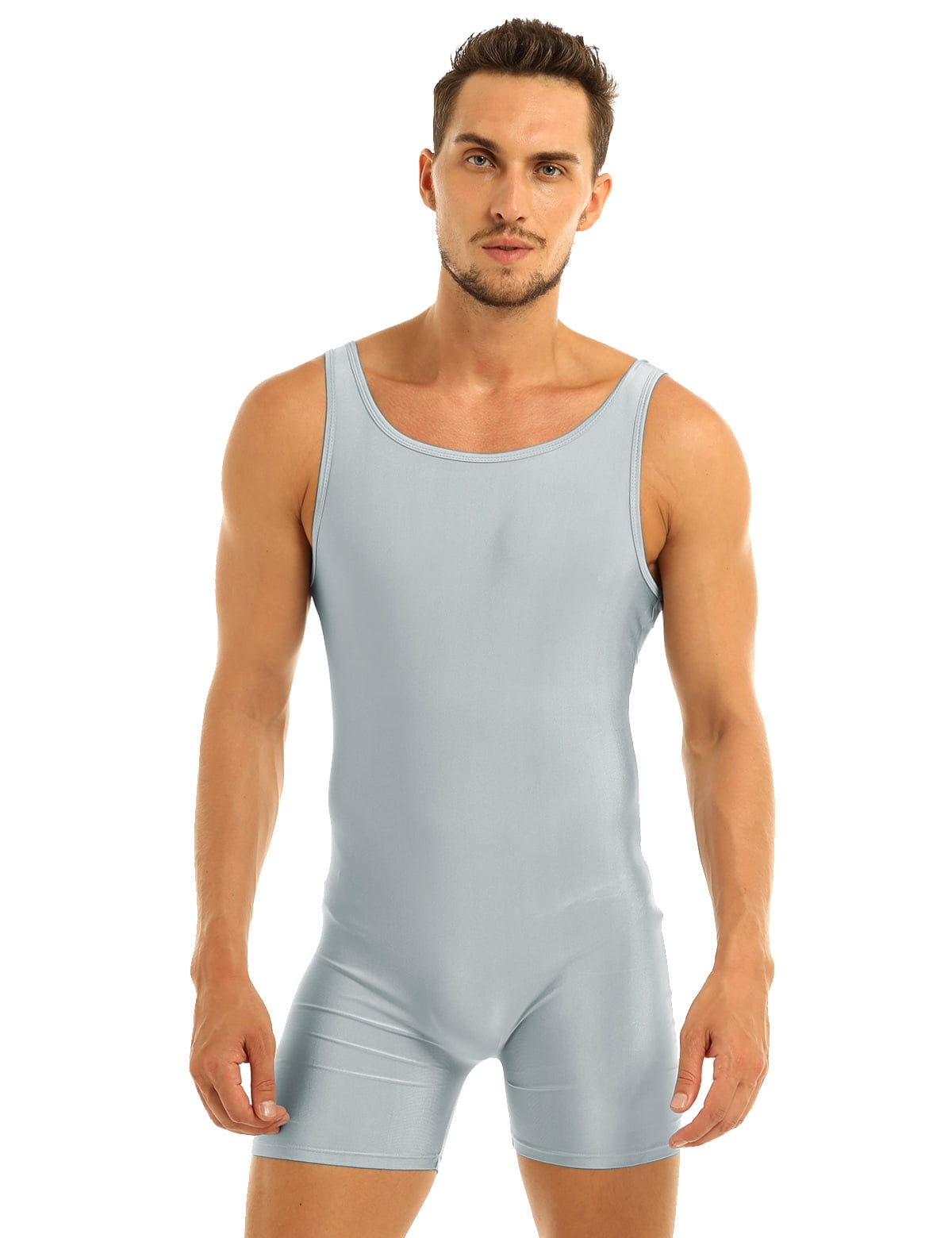 inhzoy Mens One Piece Stretchy Tank Bodysuit Leotard Wrestling Singlet Unitard Underwear Silver