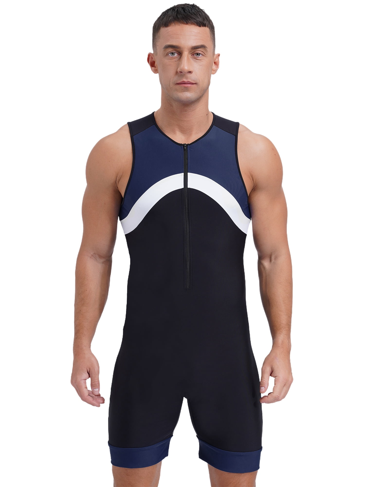 inhzoy Mens Zipper Front Jumpsuit Sleeveless Swimming Surfing Shorty Wetsuit Sport Unitard Navy Blue XXL