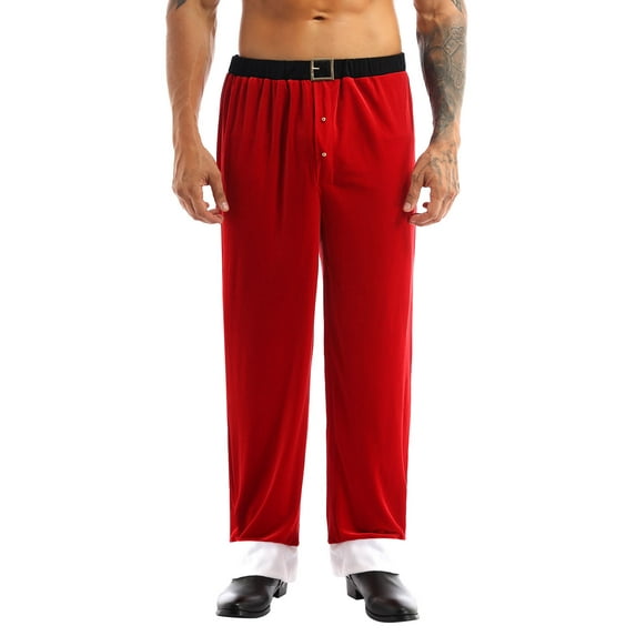 inhzoy Mens Velvet Christmas Pants Mr Santa Claus Loose Trousers Loungewear Red L