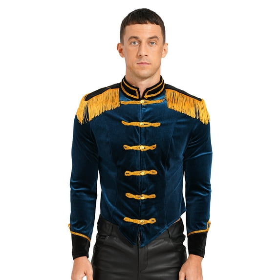 inhzoy Mens Victorian Medieval Halloween Jacket Circus Ringmaster Velvet Costumes Dark Blue 3XL