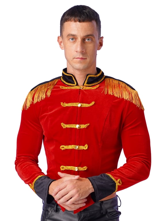 Mens Victorian Medieval Halloween Jacket Circus Ringmaster Velvet Costumes Red XXL