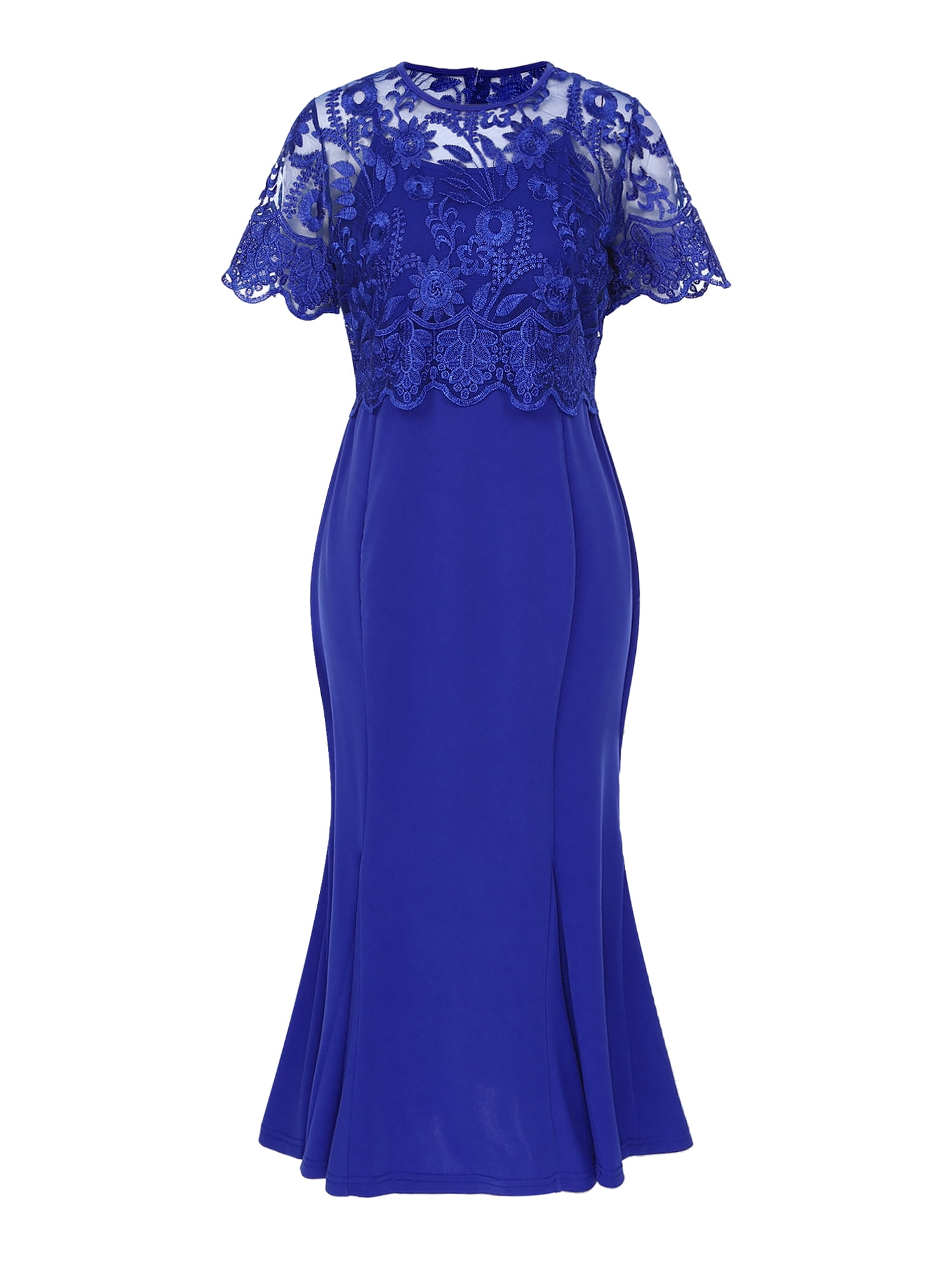 Long Chiffon Dress With Lace Bodice Royal Blue Plus Size