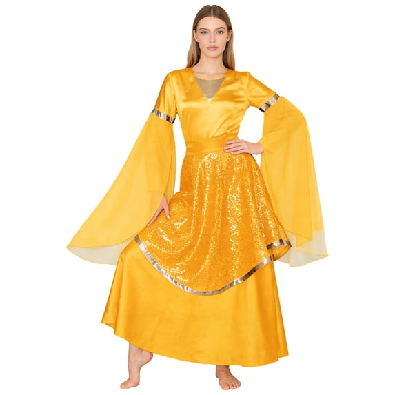 inhzoy Praise Dance Dress for Women Tunic Dress And Sequined Skirt Liturgical Lyrical Dancewear Choir Wear Gold XXL