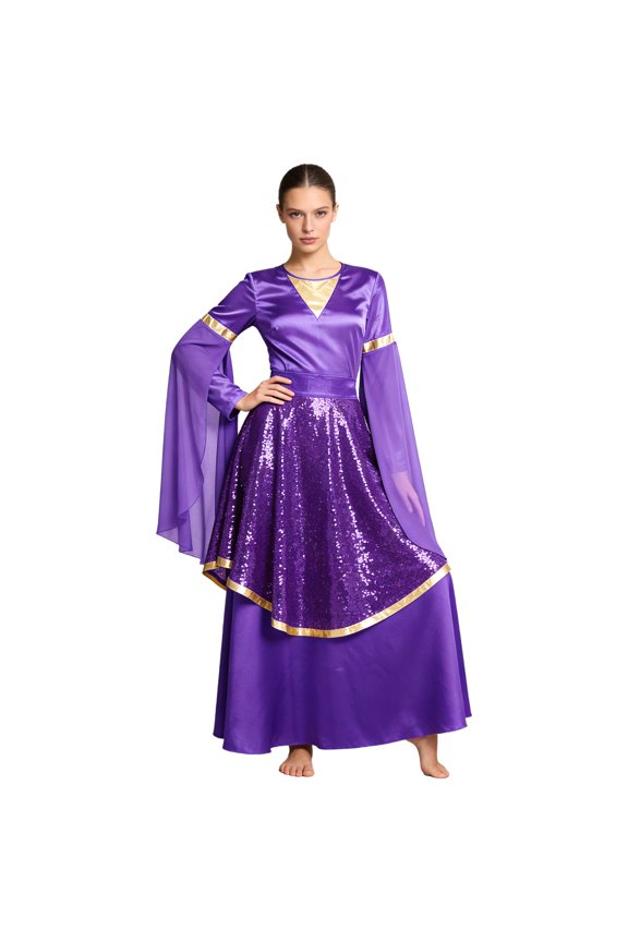 Praise Dance Dress for Women Tunic Dress And Sequined Skirt Liturgical Lyrical Dancewear Choir Wear Purple S