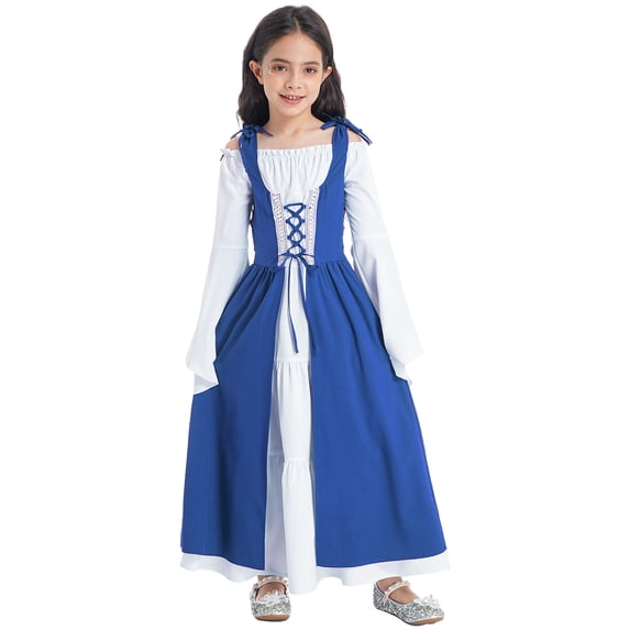 inhzoy Renaissance Dress for Girls Medieval Princess Costume Retro Lace-up Maxi Dress Halloween Dress up Blue 10