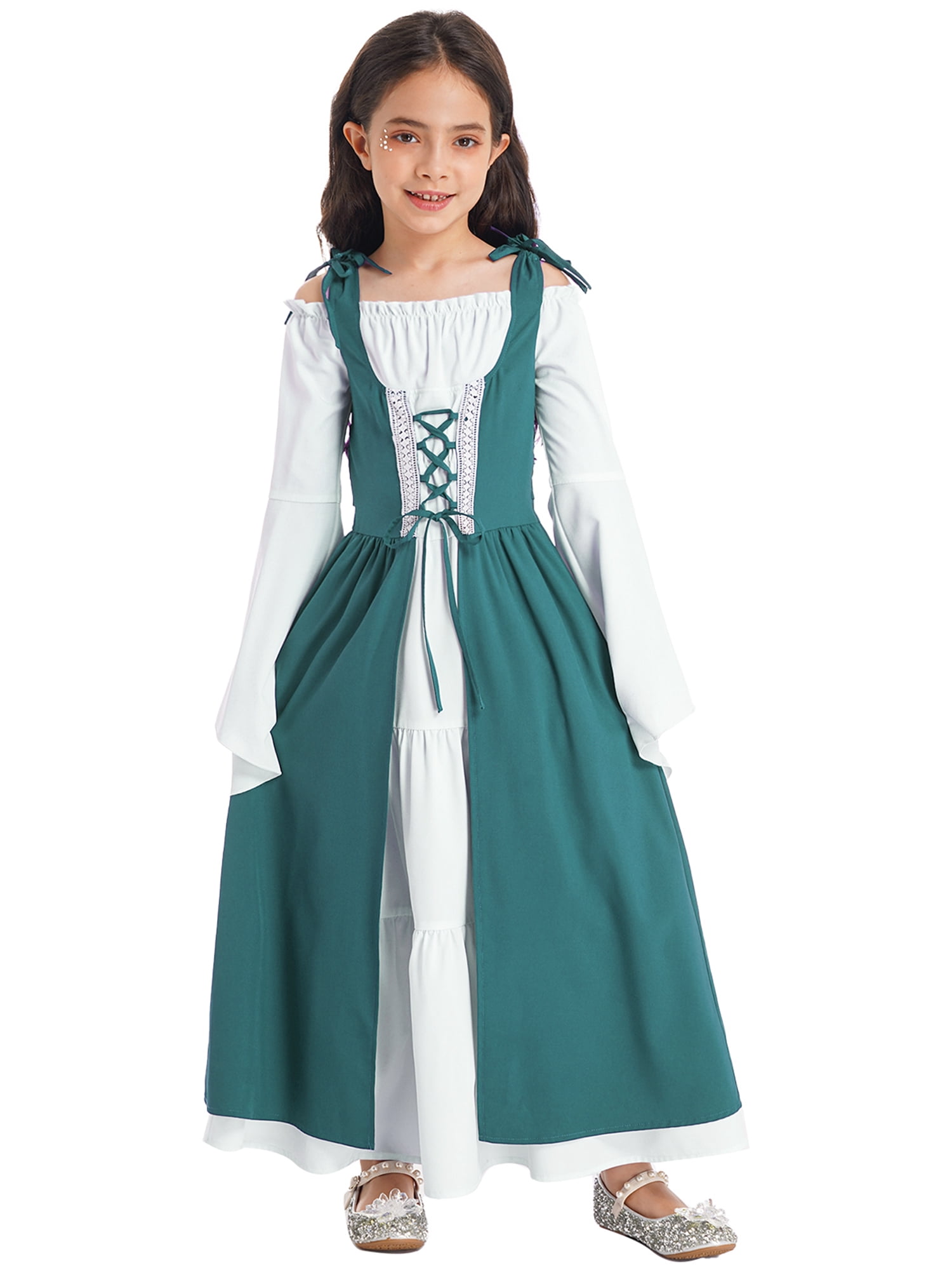 inhzoy Renaissance Dress for Girls Medieval Princess Costume Retro Lace-up  Maxi Dress Halloween Dress up Green 6 - Walmart.com