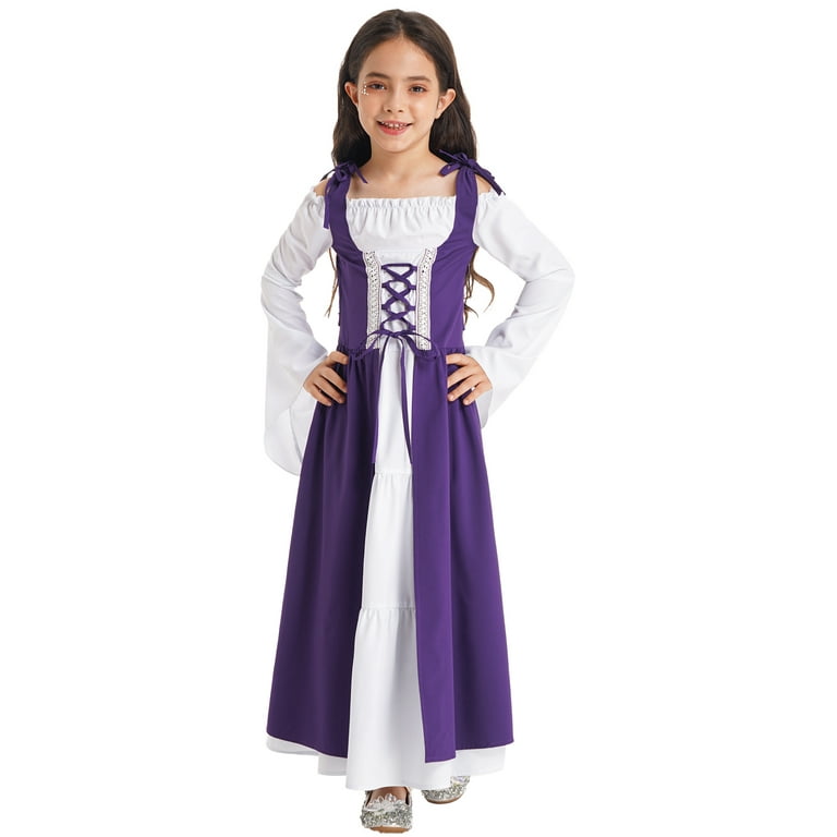 inhzoy Renaissance Dress for Girls Medieval Princess Costume Retro Lace up Maxi Dress Halloween Dress up Purple 10