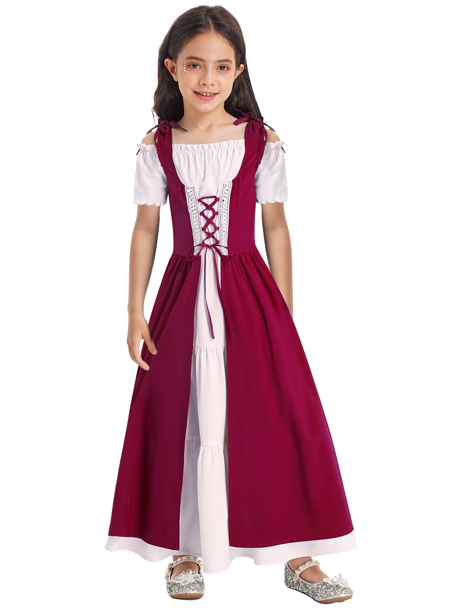 inhzoy Renaissance Dress for Girls Medieval Princess Costume Retro Lace-up  Maxi Dress Halloween Dress up Burgundy 6 - Walmart.com