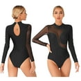 thumbnail image 1 of inhzoy Rhinestones Gymnastics Leotard for Women Mesh Splice Ballet Dance Bodysuit Figure Ice Skating Dance Costume Black L, 1 of 8