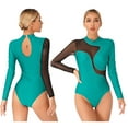 thumbnail image 1 of inhzoy Rhinestones Gymnastics Leotard for Women Mesh Splice Ballet Dance Bodysuit Figure Ice Skating Dance Costume Green L, 1 of 8