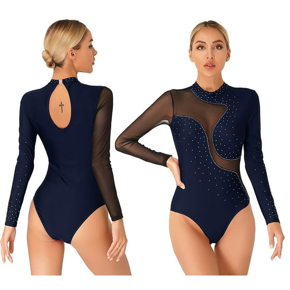 inhzoy Rhinestones Gymnastics Leotard for Women Mesh Splice Ballet Dance Bodysuit Figure Ice Skating Dance Costume Navy Blue S