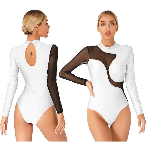 inhzoy Rhinestones Gymnastics Leotard for Women Mesh Splice Ballet Dance Bodysuit Figure Ice Skating Dance Costume White S